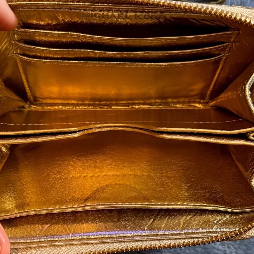 Michael Kors Snakeskin Embossed Leather Zip Around Wristlet Wallet Gold Interior